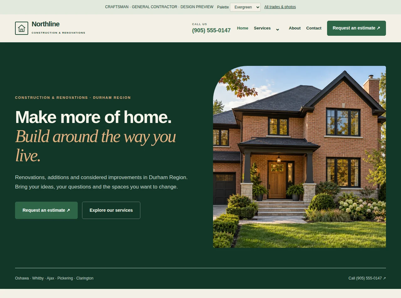 Desktop view of the Craftsman example contractor website