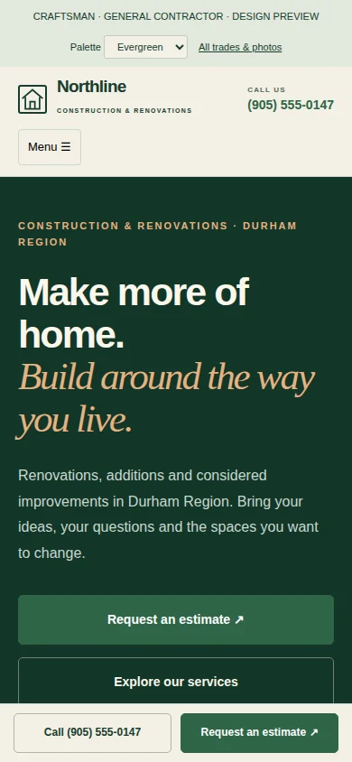 The same Craftsman example website on a phone